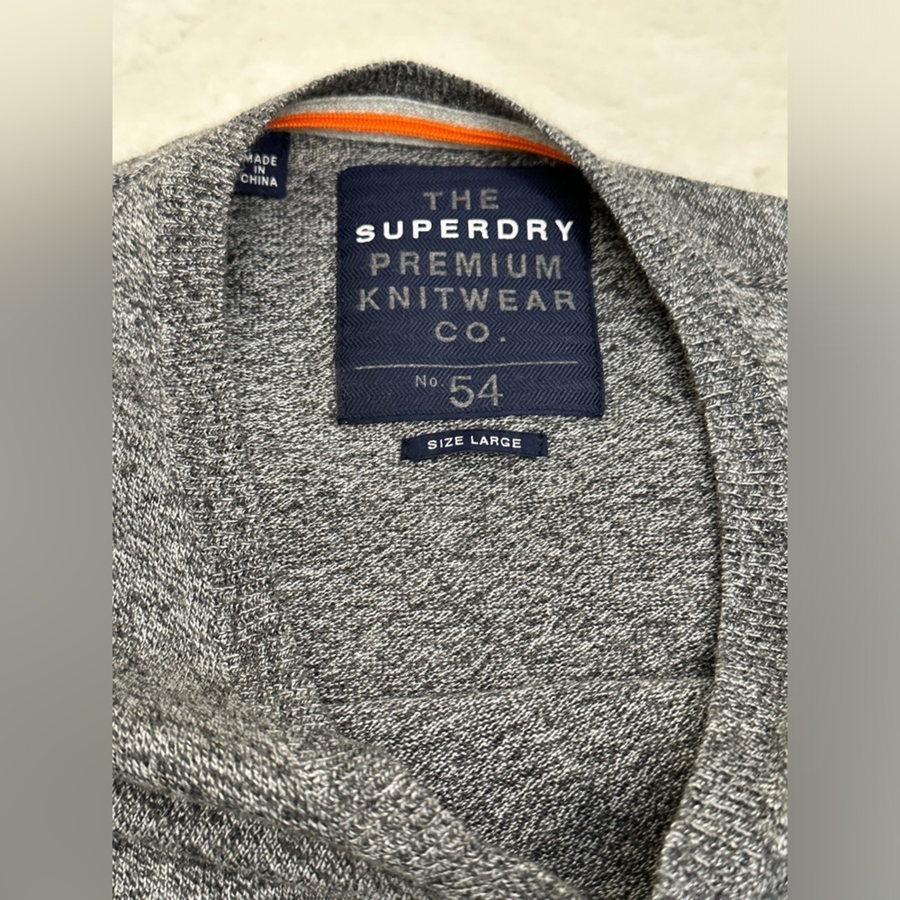 Superdry Men's V-Neck Sweater in Charcoal Gray with Orange Trim - Picture 3 of 12